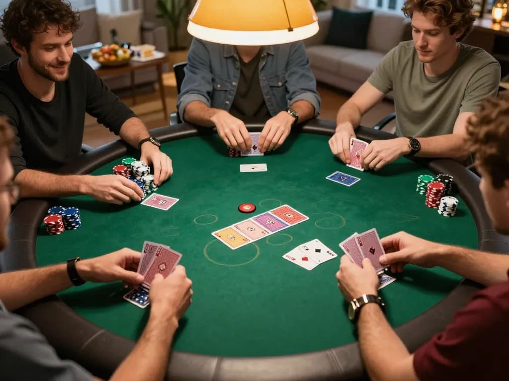 Poker game night showcasing players engaged in strategic gameplay at PUB88, vibrant atmosphere with poker chips and cards visible.