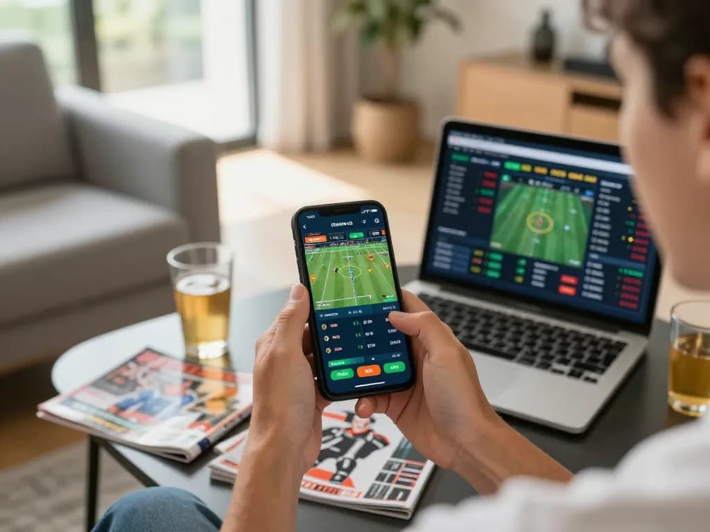 Engaging in strategic online sports betting using SC88 app on smartphone, cozy living room setup