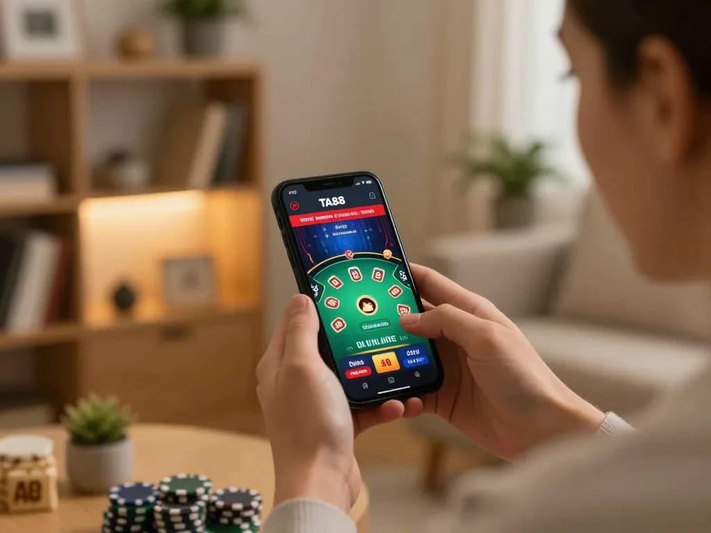 Engaging with TA88 app for online gambling from home, capturing excitement in mobile gaming