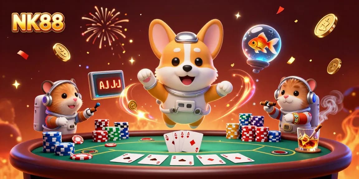 Engage with NK88 in a vibrant space casino scene featuring an astronaut corgi and floating poker items.