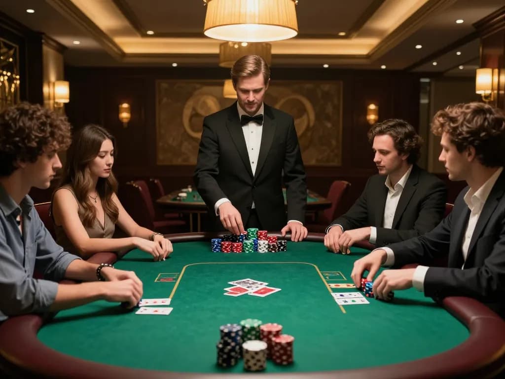 llwin players strategize during a poker game in an elegant casino, showcasing chips and dealer.