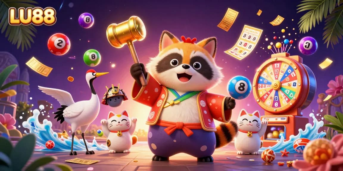 LU88's vibrant promotional illustration featuring a cheerful tanuki surrounded by exciting gaming elements.