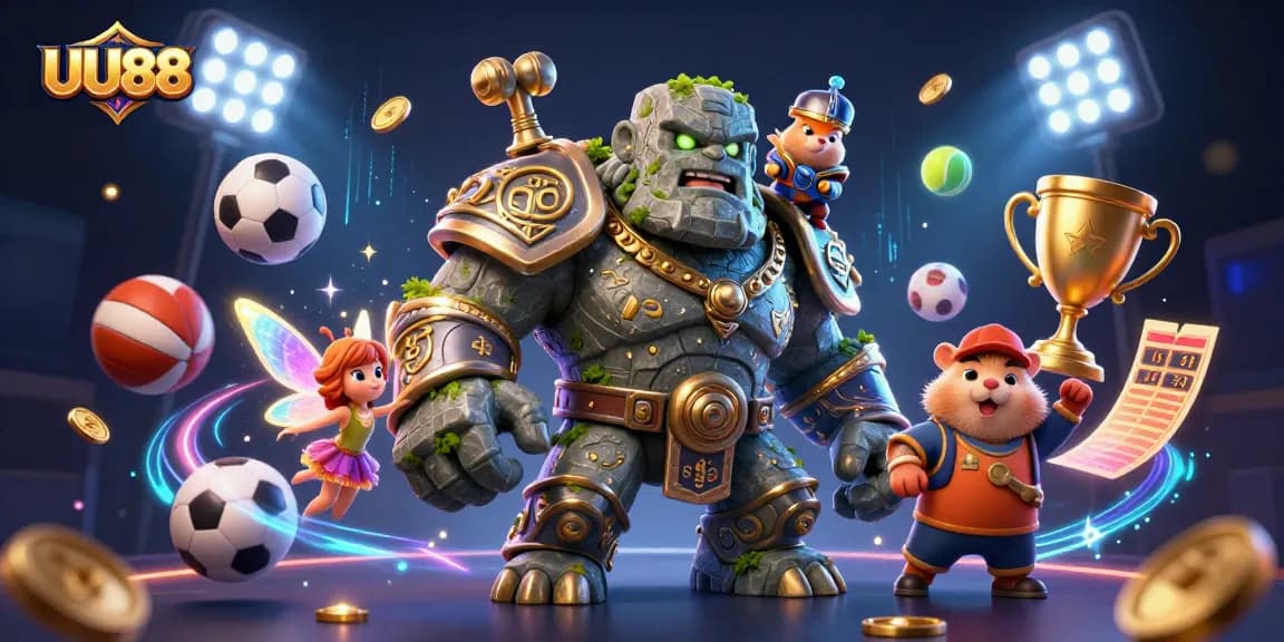 Experience the magic of UU88 with a dynamic illustration of a casino scene filled with sports elements.