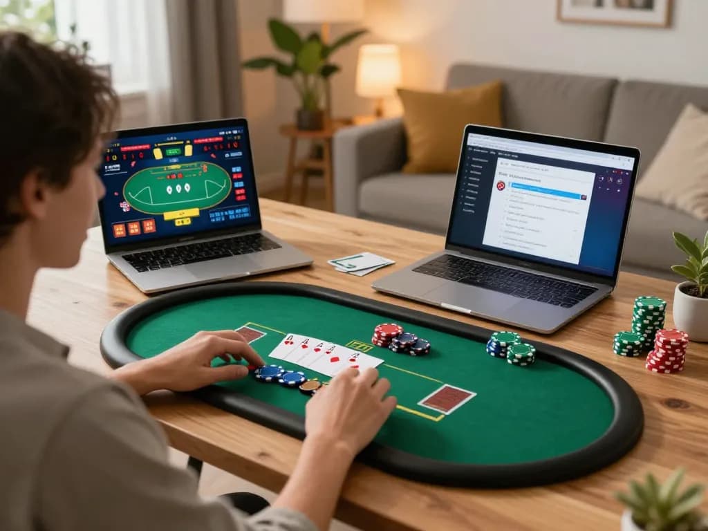 Engaging in online gambling at home using okfun tablet to play poker with visible cards and chips.