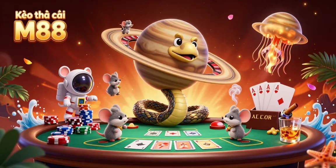Kèo nhà cái M88 showcases thrilling bets with cartoon characters in a dynamic casino scene