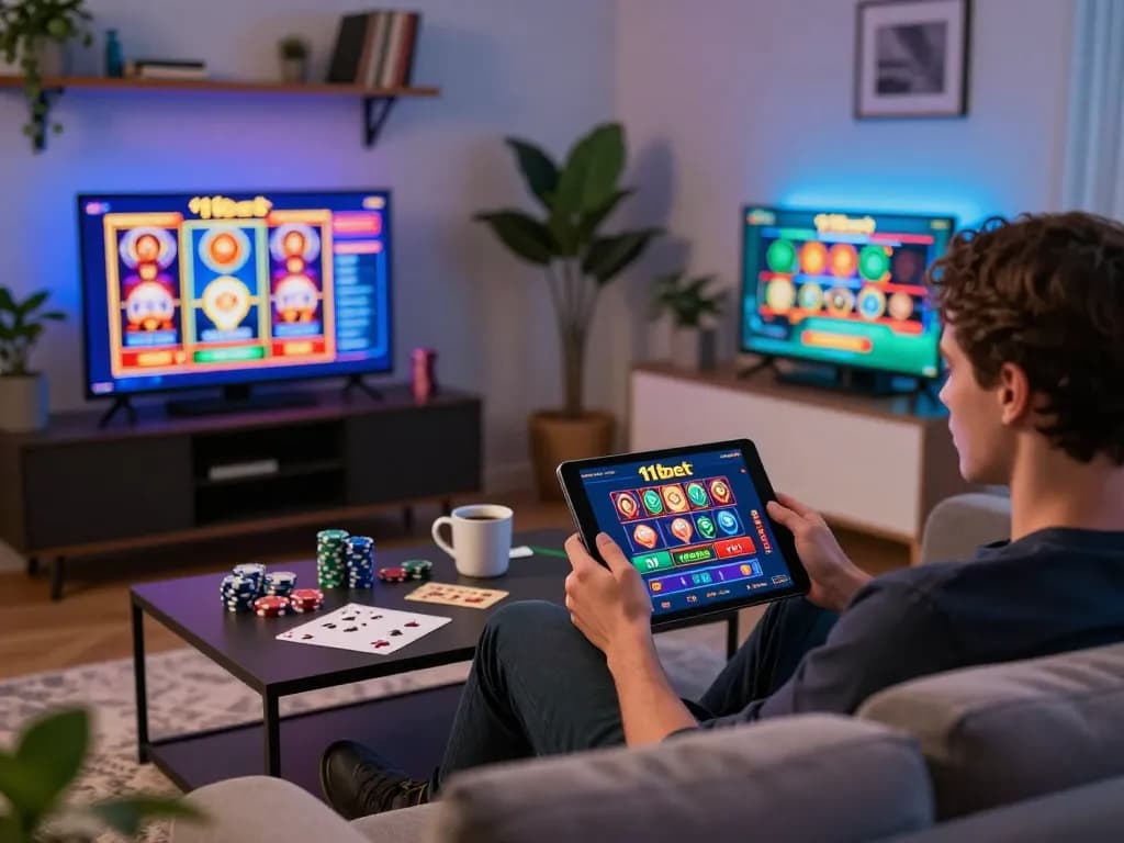 Engaging moment playing with 11bet online casino on a tablet in a cozy living room setting.