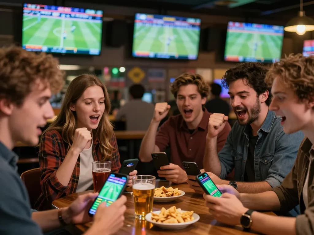 Friends enjoying kèo nhà cái betting on mobile apps while watching live sports in a vibrant bar setting