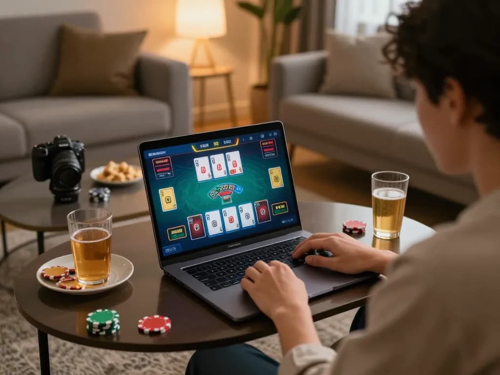 Player enjoying a live dealer game on alo8, showcasing responsible online gambling habits in a cozy setting.
