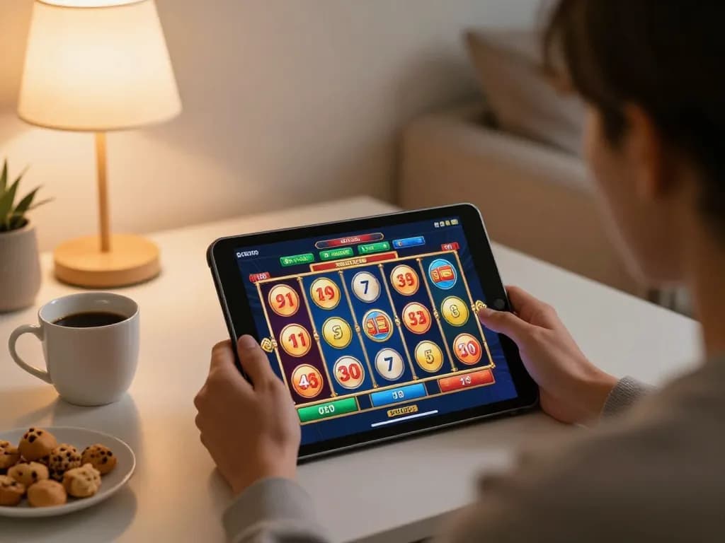 Engaging player using 11BET app for online slots in a cozy home setting