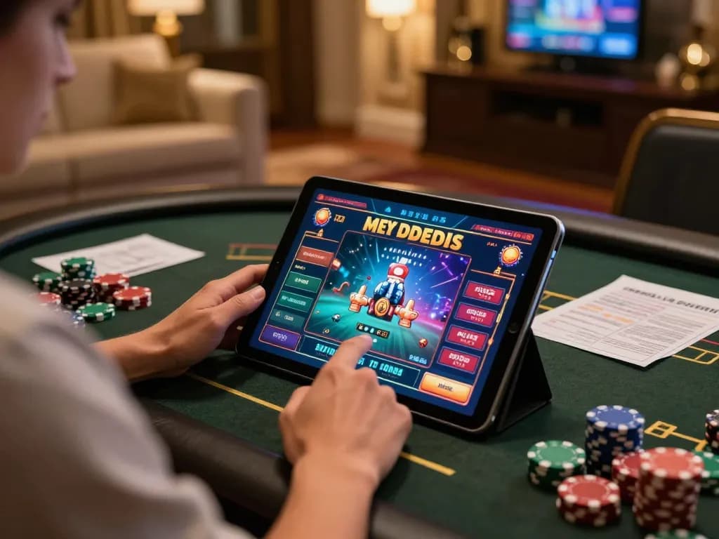 Engaging in online gambling at hit-club with focused strategy and vibrant gaming interface visible on tablet.