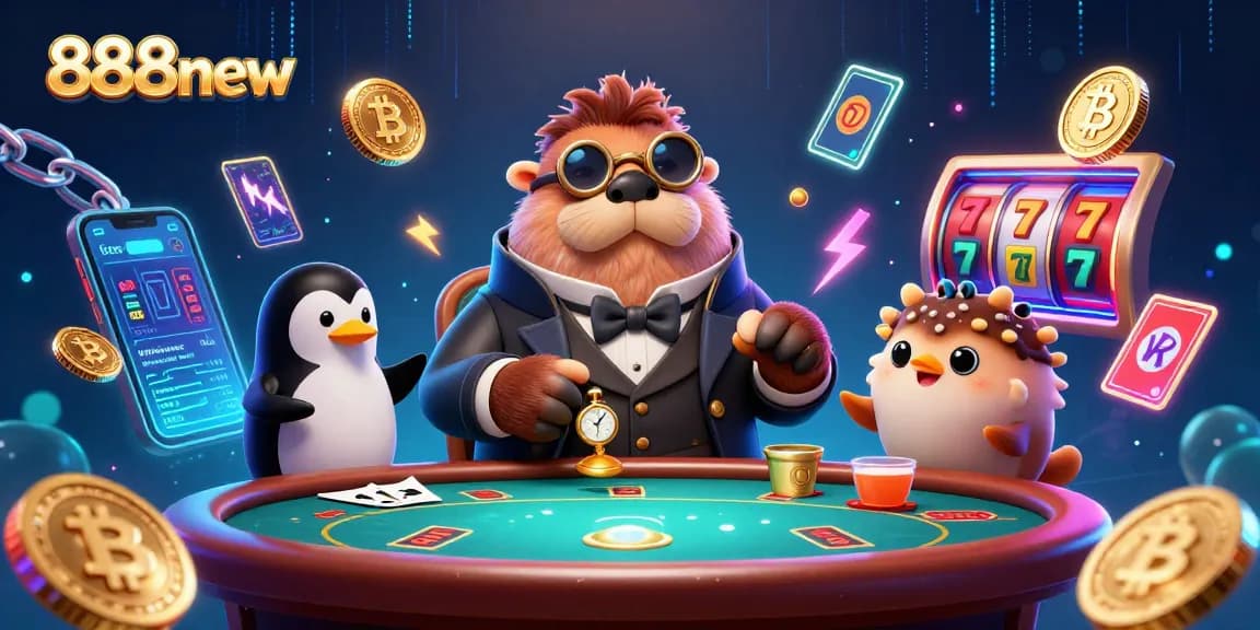 Engage with 888new in a vibrant underwater poker scene featuring a jolly walrus, penguin dealer, and bluffing pufferfish.