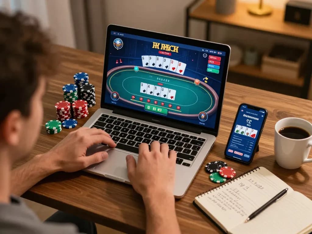 Player utilizing TR88 for online poker strategies in a cozy home office setting