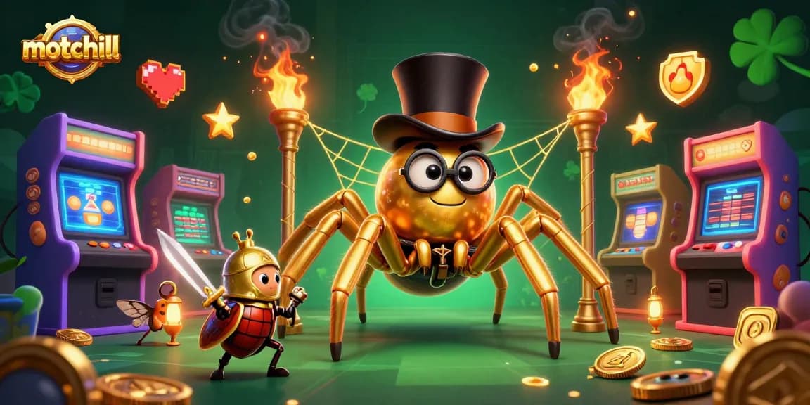 motchill shows a golden tarantula and a beetle knight in a vibrant casino setting filled with game elements