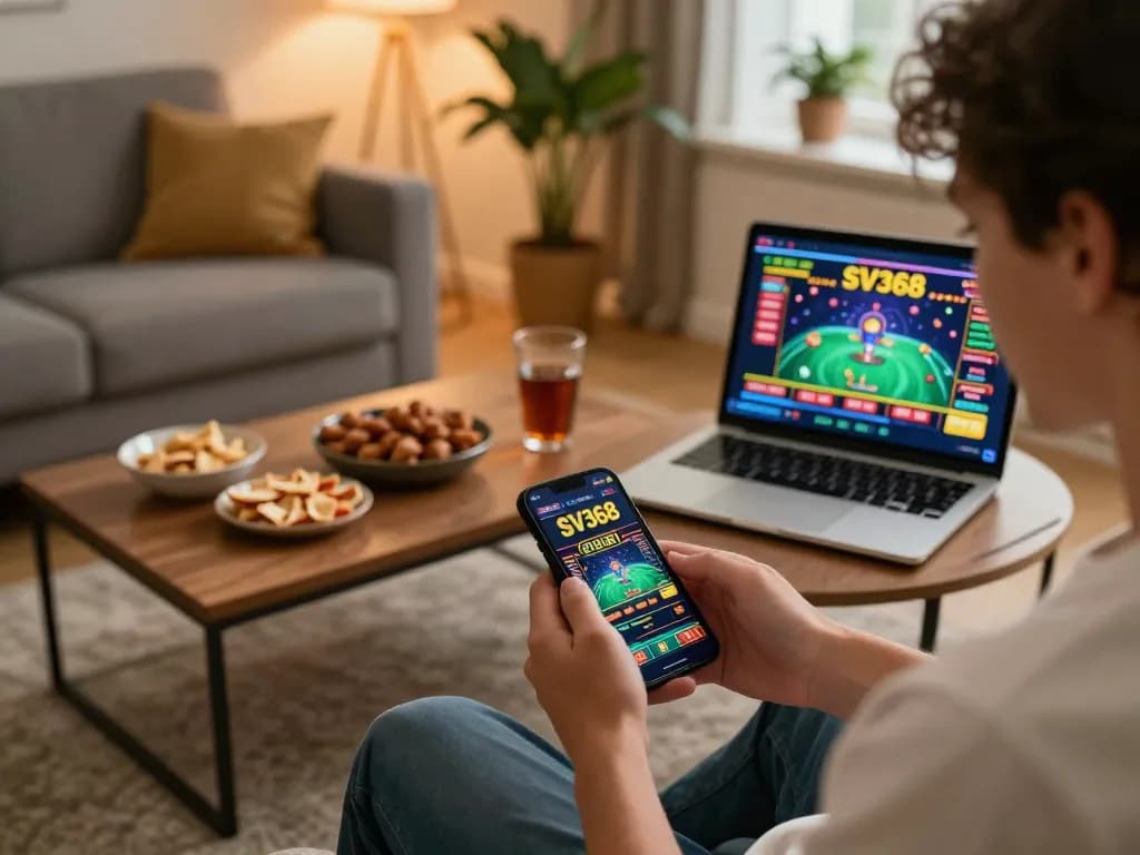 Engaging in SV368 mobile gaming with friends in a cozy living room, smartphone displaying betting interface.