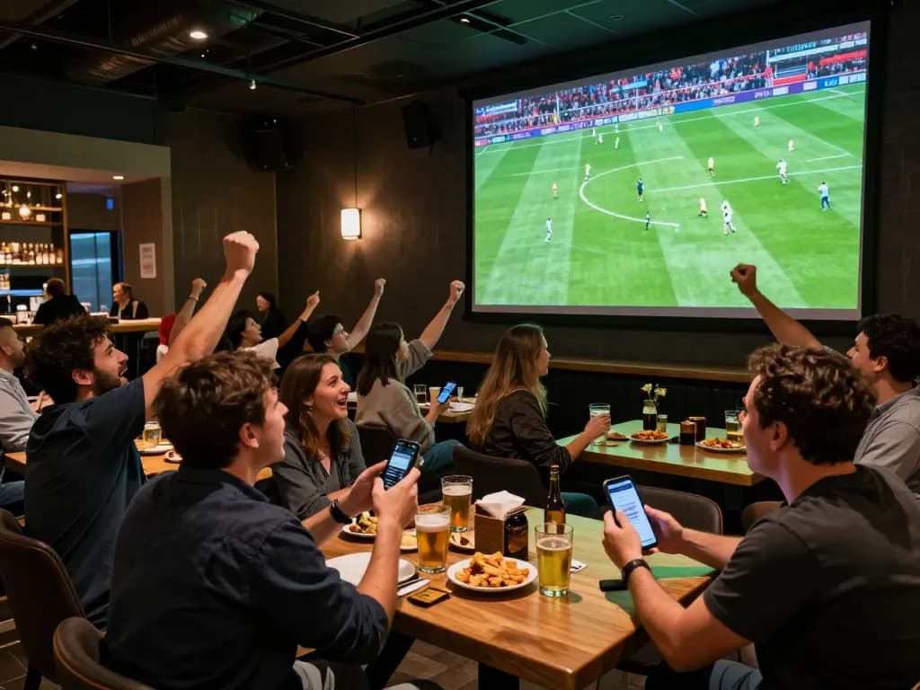 Socolive xem bong da has fans engrossed in a live soccer match at an upscale sports bar, capturing the thrilling atmosphere.