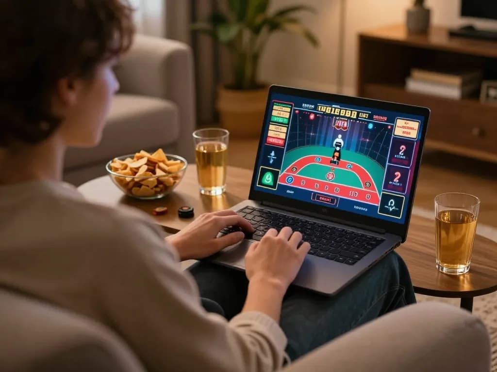 Player using ssbet77 for online casino gaming on laptop in a cozy home environment