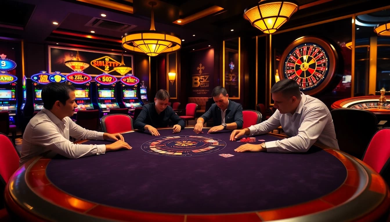 Players enjoying high-stakes games at B52 Club casino with vibrant slot machines and poker action.