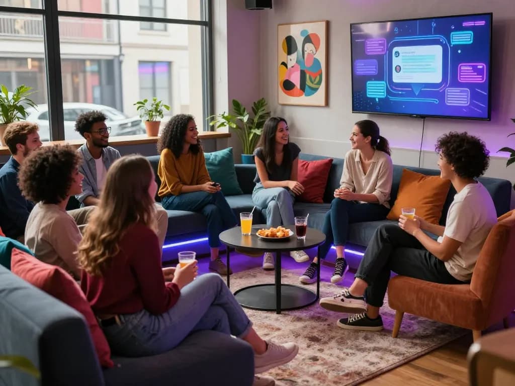 Engaging 18+ social setting featuring diverse group enjoying ai 18+ chat interactions in a vibrant lounge atmosphere.