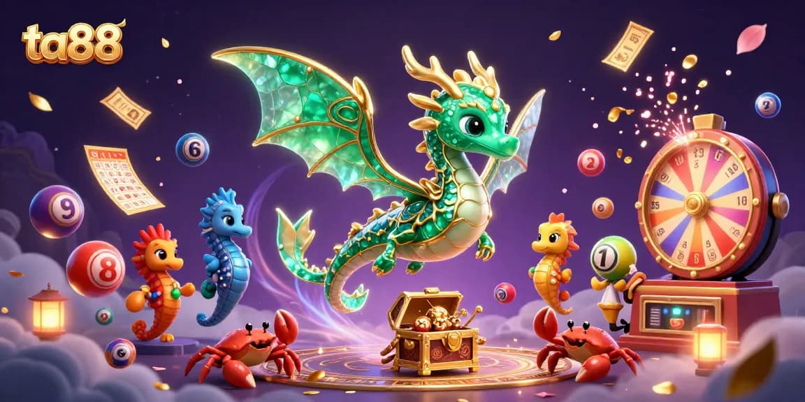 Engage with ta88 in this vibrant 3D casino scene featuring a sea dragon, treasure chest, and lively gaming elements.