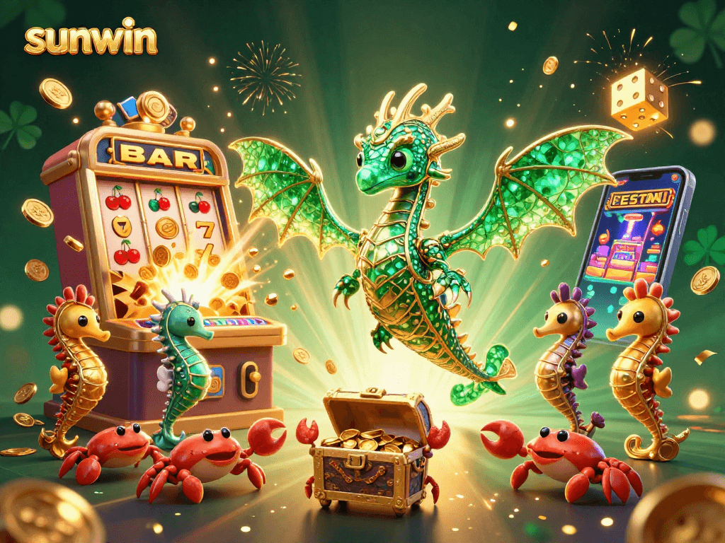 Sunwin offers vibrant casino experiences with games and treasures amidst vibrant illustrations.