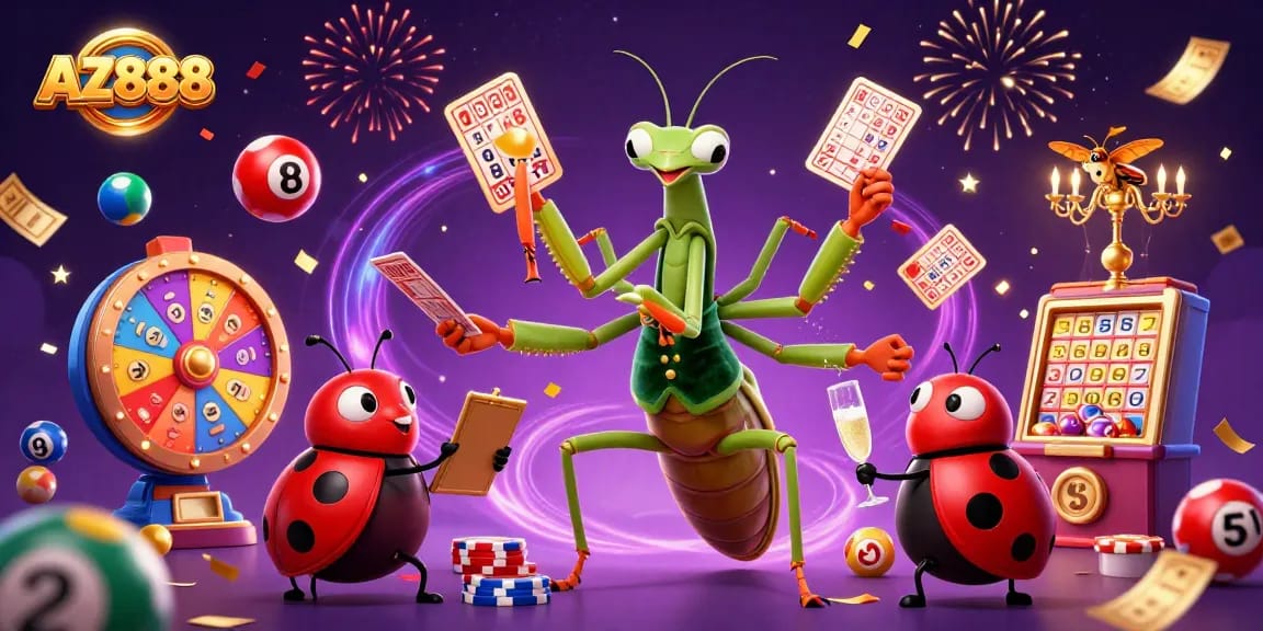 Engage in exciting lottery action with AZ888's vibrant casino illustration, showcasing dynamic gaming elements.