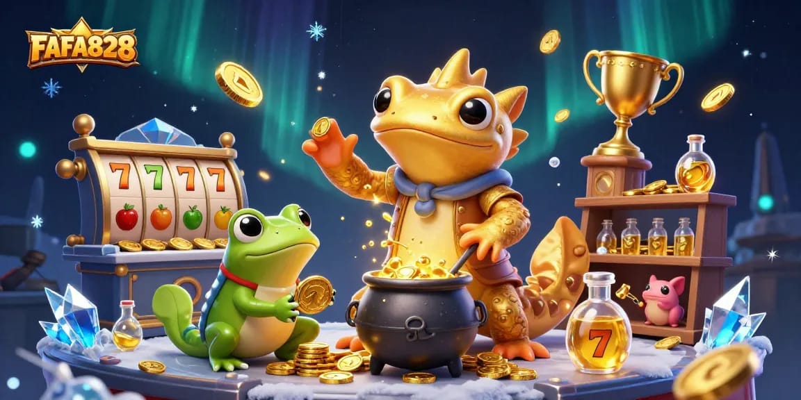 Experience the magic of FAFA828 with vibrant 3D casino art featuring alchemy and exciting slots.