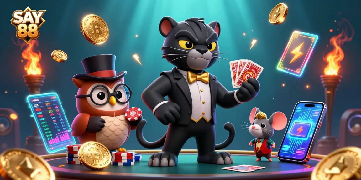 Experience fun games at SAY 88 while the cartoon panther deals cards under a vibrant casino atmosphere