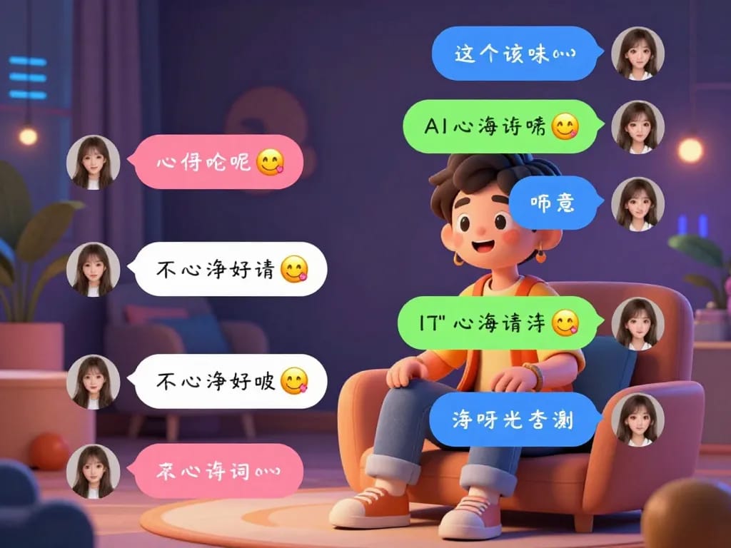 Engaging porn chat AI character conversing with a user in a cozy virtual lounge.