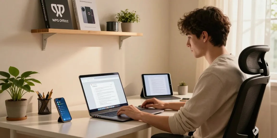Young professional downloading WPS Download on laptop in modern home office