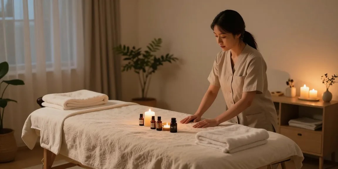 종로출장마사지 in a soothing home setting, therapist preparing a calming massage environment.
