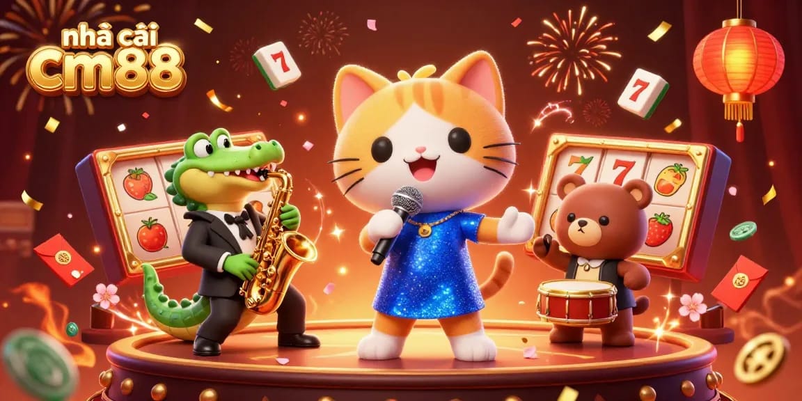 Experience the excitement at nhà cái cm88 with jazz-singer cat, saxophonist crocodile, and drum bear in this vibrant casino illustration.