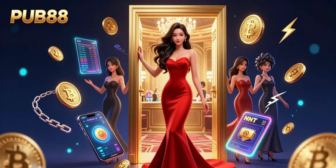 Experience the thrill at PUB88 with a stunning woman in a lavish casino environment.
