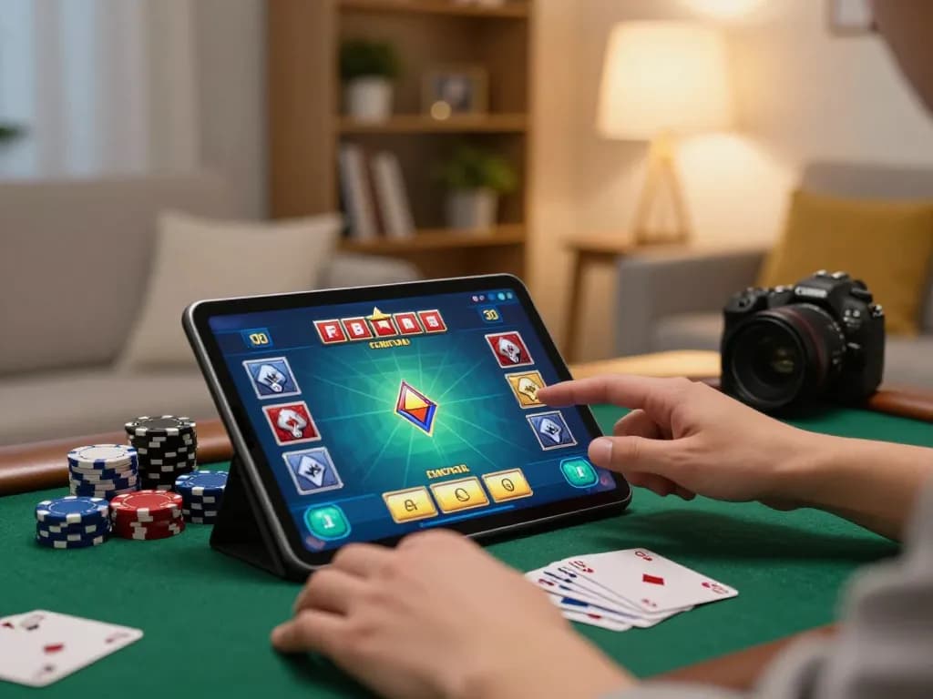 Player engaged in a thrilling poker game on a tablet that showcases exciting yo88 gameplay strategies.