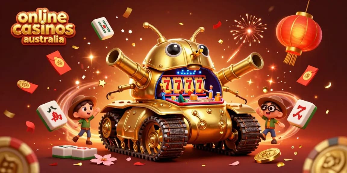 Engage with online casinos Australia through an energetic 3D casino scene featuring a golden beetle tank.