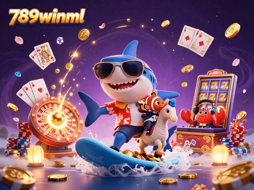 Experience the thrill of 789winml as a hammerhead shark surfs gold coins while party fish display vibrant charm.