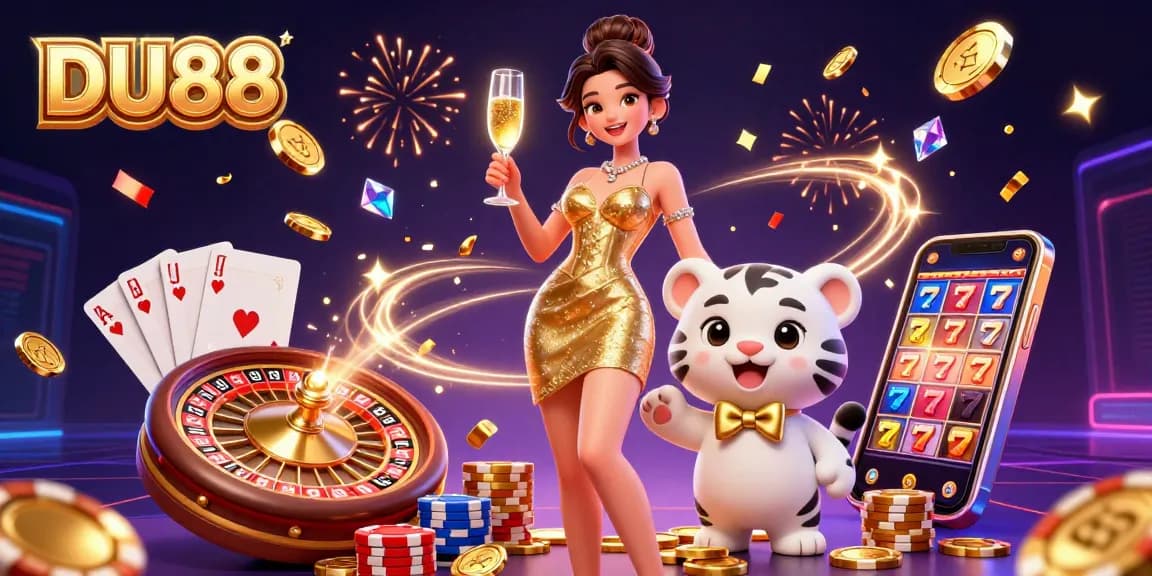 Experience the excitement of DU88 with a glamorous scene of a woman and a lucky tiger, surrounded by vibrant casino elements.