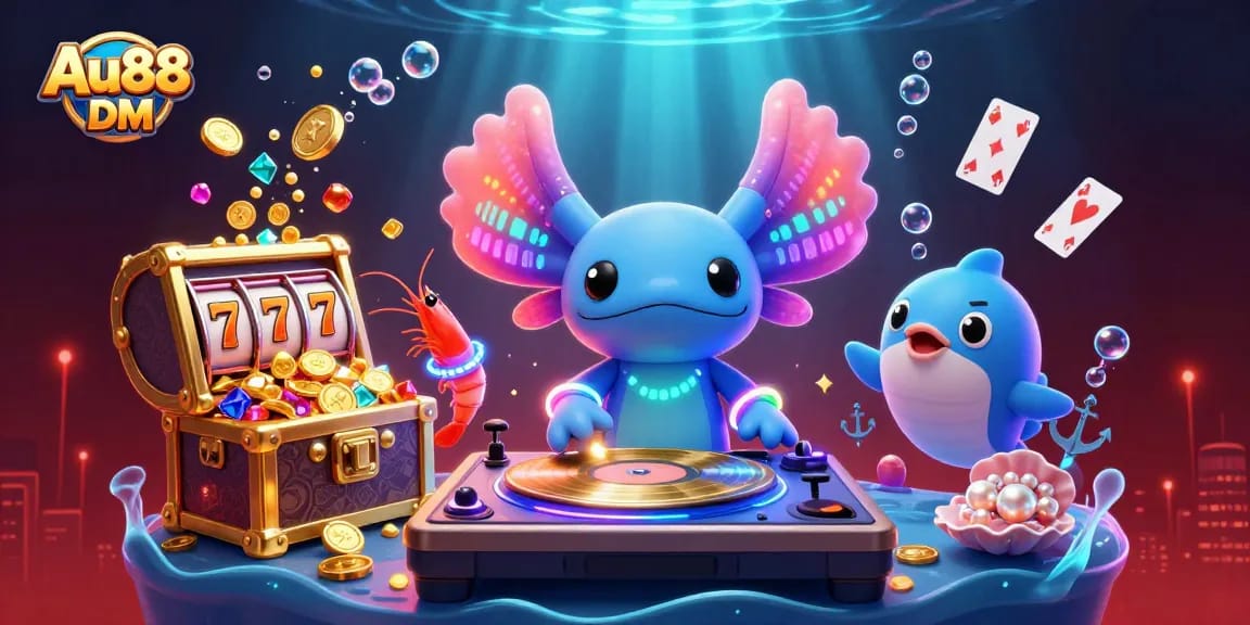 Engage with Au88 DM's vibrant underwater casino featuring an axolotl DJ and an abundance of treasures.