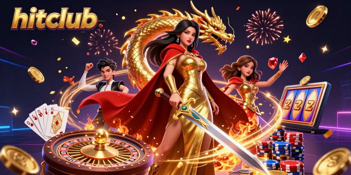 Spin your way to fortune with hitclub’s vibrant casino illustration, showcasing golden coins, a warrior queen, and festive celebrations.