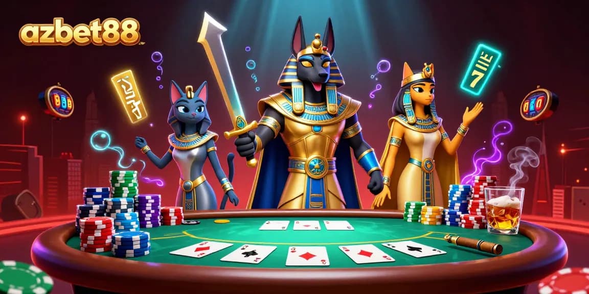 Win big at azbet88 with a dynamic casino scene featuring Anubis and Bastet.