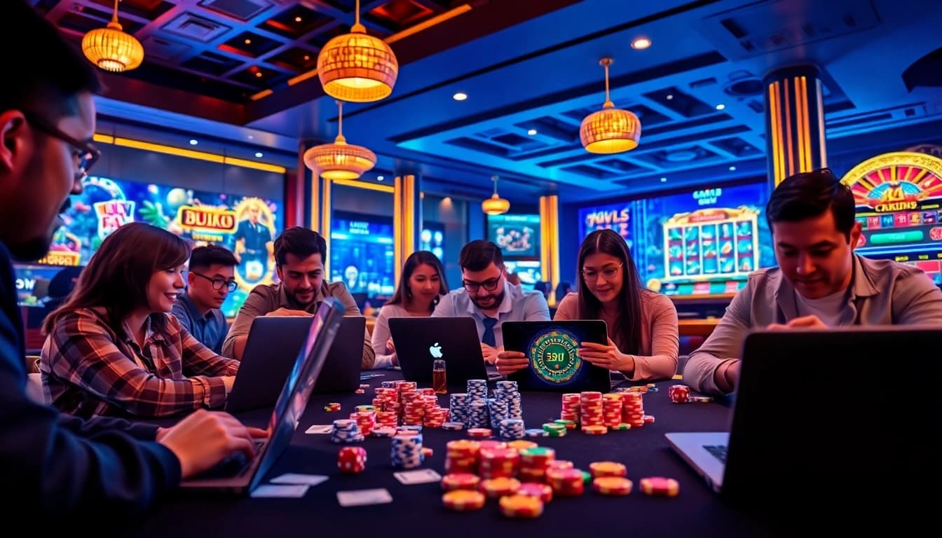 Experience the excitement of online gambling with 789bet, showcasing players engaging with thrilling games on various devices.