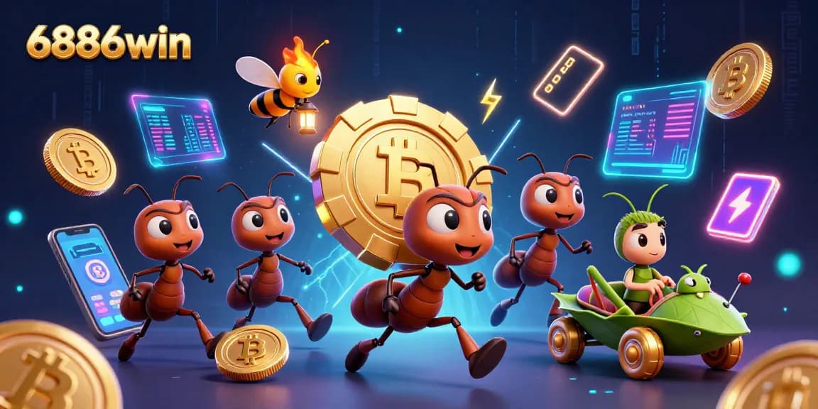 Engage in thrilling gaming with 6886win, where ants carry golden poker chips in action-packed heist.