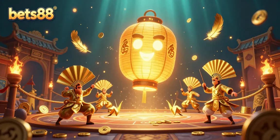 Bets88 engages in a vibrant casino scene with a golden lantern spirit, showcasing dynamic gaming elements.