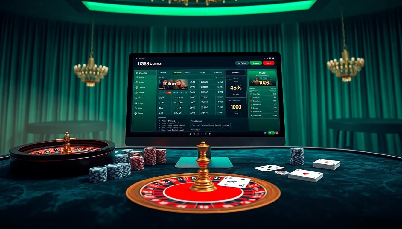 Experience U888 with premium casino elements, featuring poker chips and a roulette wheel in a luxurious setting.