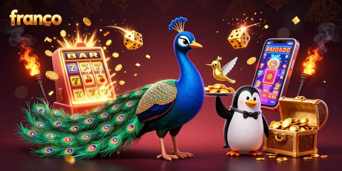 franco's vibrant casino scene features a peacock and a penguin by a jackpot slot machine.