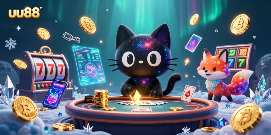 uu88 captivates with a black hole cat and nebula fox at a cosmic casino table, pulling in chips.