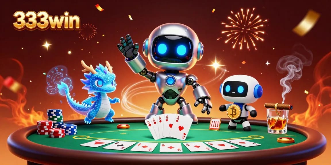 Engage with 333win's thrilling casino experience featuring a neon robot, poker elements, and vibrant atmosphere.