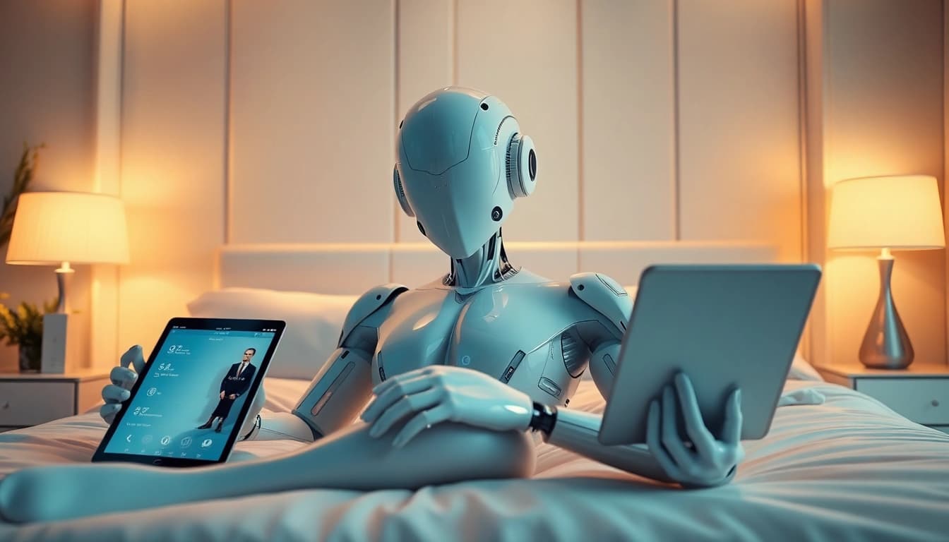 A humanoid sex bot in a modern bedroom, showcasing realistic features and advanced technology.