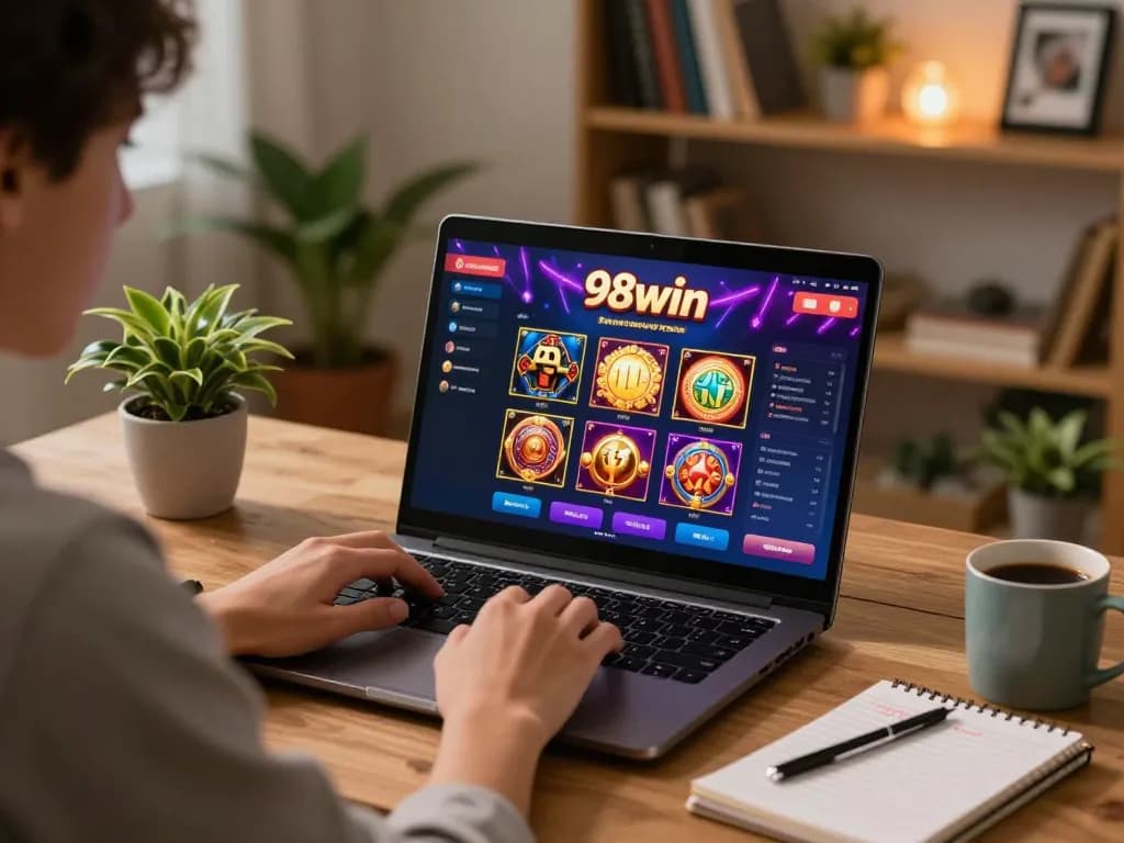 Player engaging with the 98win casino interface at home, highlighting online gambling excitement.