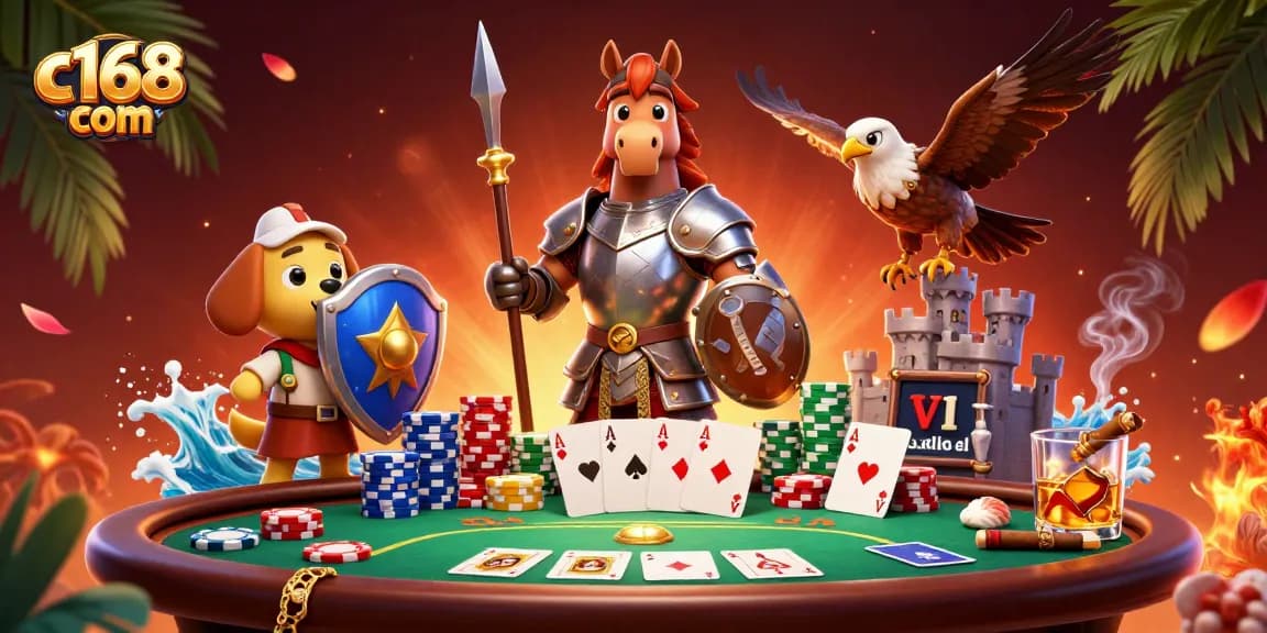 Experience the thrill at c168 com with this vibrant 3D casino illustration featuring knights, poker chips, and dynamic gameplay elements.