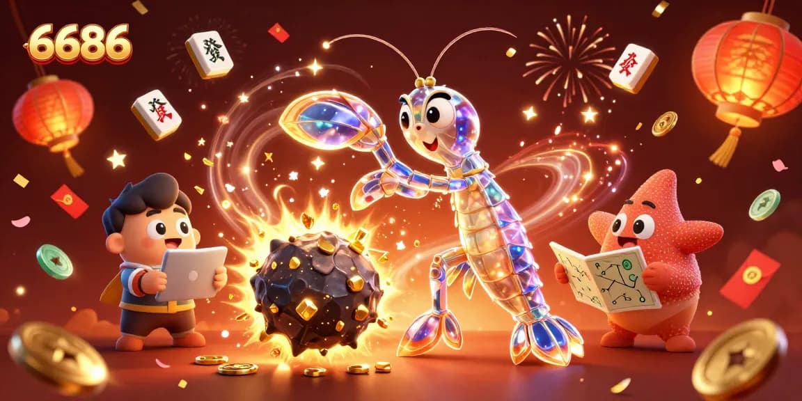 Experience the thrill of 6686 with vibrant characters exploding into gems and coins amidst festive gaming elements.